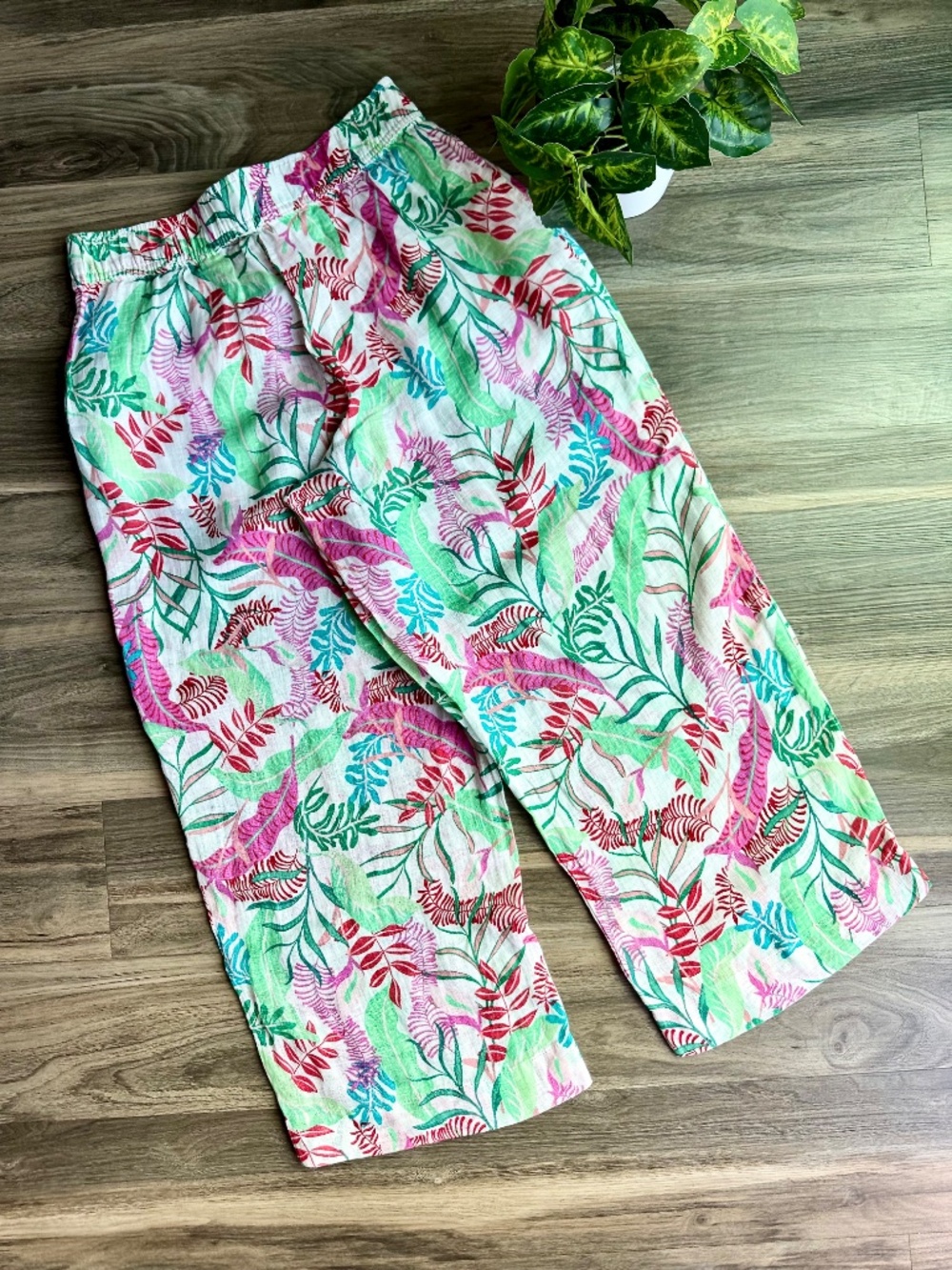 Tropical Resort Wide Leg Palazzo Pants Tassel Tie Botanical Print White - Picture 12 of 14
